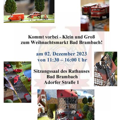Plakat Modellbauausstellung mit der Einladung vorbei zu schauen. Veranstaltungstag ist der 02. Dezember 2023. Dauer der Ausstellung 11:30 bis 16:00 Uhr im Sitzungssaal des Rathauses Bad Brambach