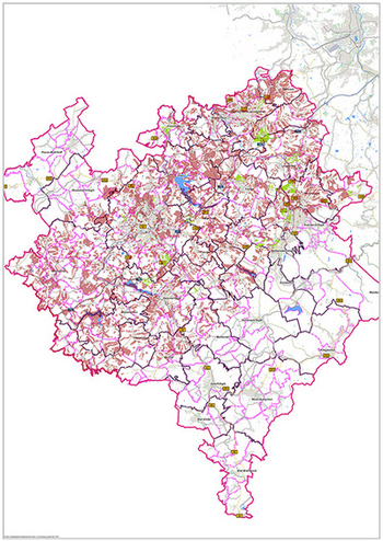 Das Foto zeigt einen Kartenausschnitt des Vogtlandkreises. Darin sind eine Vielzahl von Flurstücken eingefärbt.